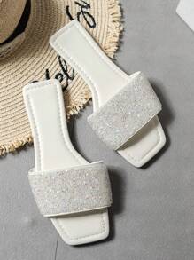Women's Anti-Slip Soft-Sole Square-Toe Rhinestone Flat Sandals, Comfortable Casual Fashion Elegant Slip-On Sandals For Summer Daily Household Outdoor Wear, White - White - View 3