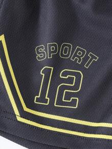 2pcs Boys' Casual Numeric Print Sports Set - Top And Shorts, Spring/Summer - Black - View 7