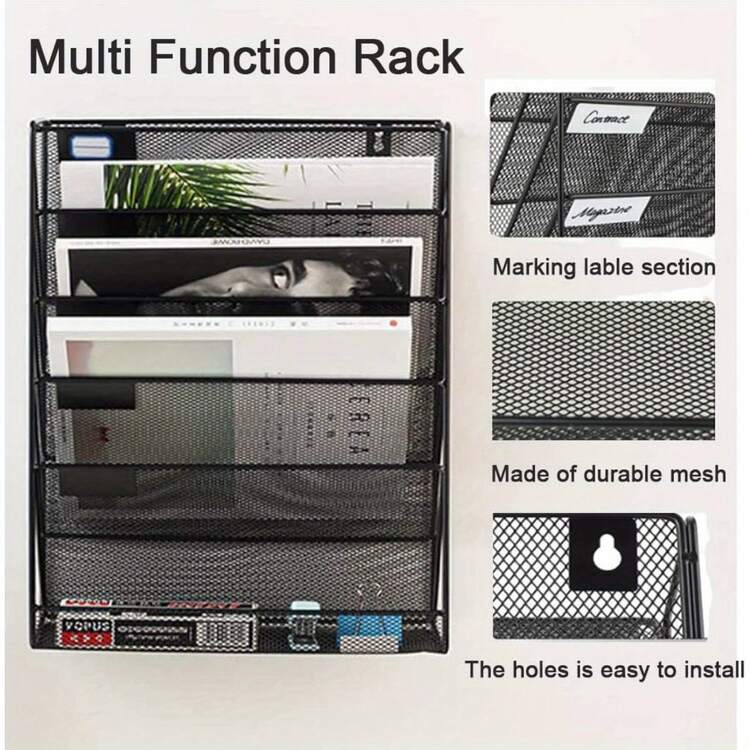 6-Layer Wall-Mounted Magazine File Holder Document Rack A4 Mail Sorting Organizer Hollow Out Body Mesh Desk Files Organizer For Home And Office(Black) - Black - View 4