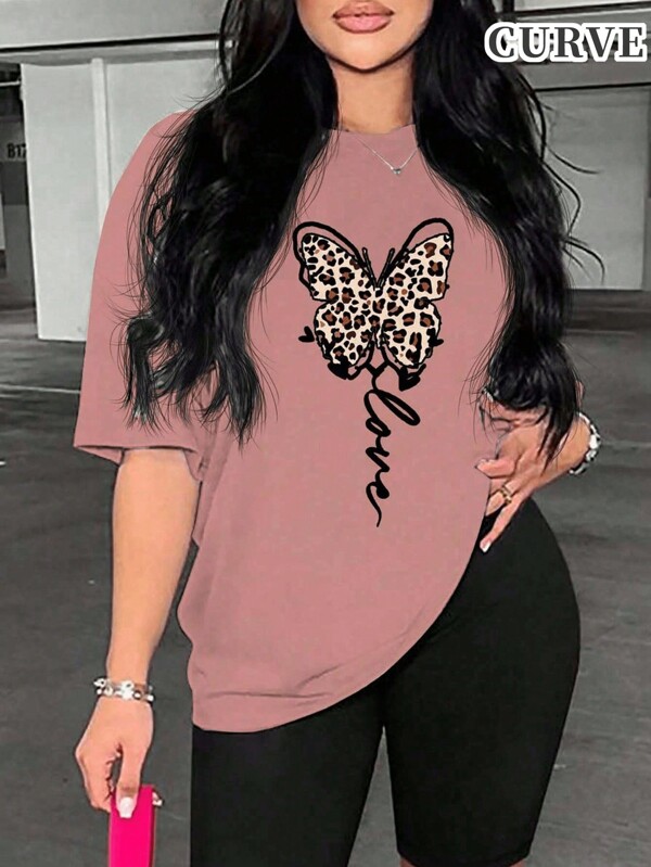 Plus Size Primavera Verão Senhoras Dia dos Namorados Festival Leopardo Borboleta Estampa Casual Gola Redonda Manga Curta Camiseta Top