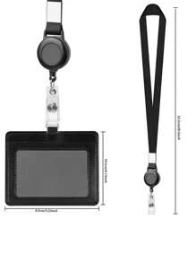 1Pc PU ID Card Holder Retractable Buckle Brand Access Card Holder With Lanyard Easy Pull Buckle Work Card Badge Black Fashion Office Worker Unisex Four Seasons Universal,School Supplies,Back To School - Black - View 7