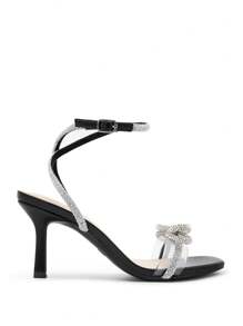 Women Double Bowknots Heeled Sandals Open Square Toe Ankle Strap Crystal Rhinestone Dress Sandals For Party Wedding - 黑色 - 查看 4