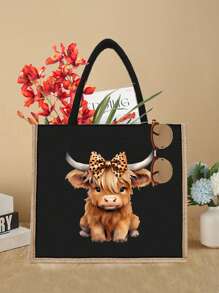 黑色亚麻手提包套装，饰以高地奶牛印花，适合婚礼、生日、海滩、度假等场合——是送给女性、母亲、教师、朋友、伴娘、学生以及返校季的完美礼物。