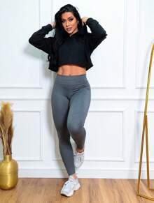 Women's Cropped Hooded Long Sleeve Fleece Autumn - màu đen - Xem 5