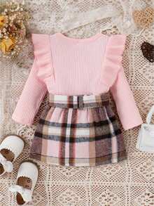 Toddler Girls Autumn Outfit Sets Pink Long Sleeve Ruffle Ribbed Tops + A-Line Plaid Skirt With Belt - 粉色 - 查看 5