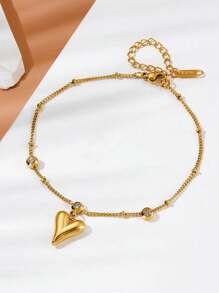 1 件简约风格不锈钢脚链，带心形吊坠，适合日常佩戴