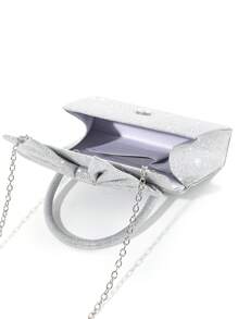 Sac à main élégant et simple de dames avec nœud papillon pailleté et couleur unie, pour soirée, mariage, bal de promo, rendez-vous de la Saint-Valentin - Argent - Voir 9