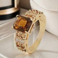 Nhẫn đồng mạ vàng 14K thanh lịch, khảm Cubic Zirconia sáng bóng, thiết kế hình vuông - Hoàn hảo cho đám cưới, đính hôn, kỷ niệm, quà tặng ngày lễ tình nhân, phong cách sang trọng, phụ kiện tiệc tùng, mẹ, mẹ, ngày của mẹ, quà tặng - Rượu sâm banh - Xem 1