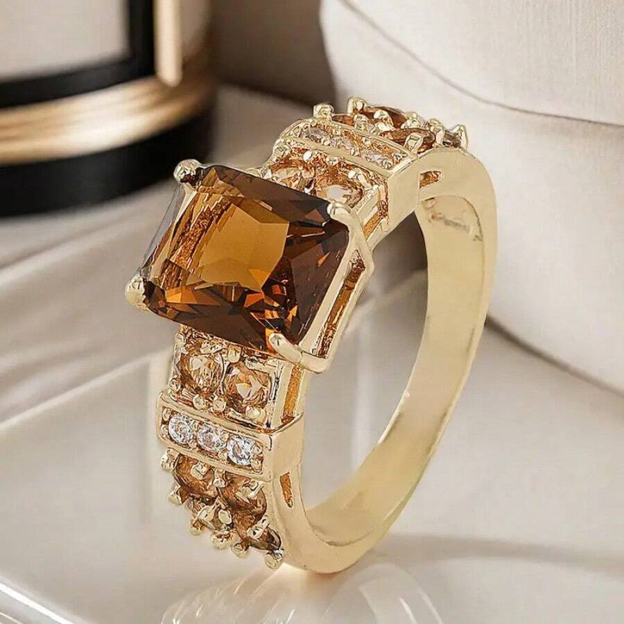 Nhẫn đồng mạ vàng 14K thanh lịch, khảm Cubic Zirconia sáng bóng, thiết kế hình vuông - Hoàn hảo cho đám cưới, đính hôn, kỷ niệm, quà tặng ngày lễ tình nhân, phong cách sang trọng, phụ kiện tiệc tùng, mẹ, mẹ, ngày của mẹ, quà tặng - Rượu sâm banh - Xem 1