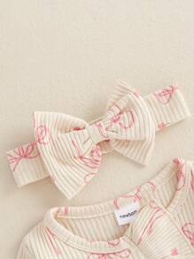 Baby Girl Spring Fall Winter Clothes Newborn Baby Girl Hospital Going Home Outfit Ribbed Footed Romper Bow Print Long Sleeve Full Length Ruffle Zipper Footie Jumpsuit Headband - Màu be - Xem 7
