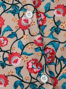 年轻女孩 2 件套夏季服装荷叶边花卉上衣 + 几何花卉下摆裙子，休闲服套装 - 米色 - 查看 7