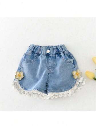 Young Girls Sweet Lace Trim & Floral Lightweight Denim Shorts