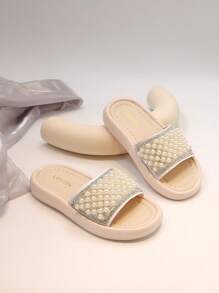 2025女童新款闪亮镶嵌珍珠亮钻时尚平底凉鞋舒适轻便休闲室内外休闲度假派对 - 白色 - 查看 5