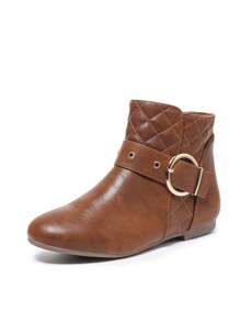 优雅百搭通勤新款秋冬时尚舒适女靴，棕色菱形缝线，不对称条纹扣铆钉侧拉链平底圆头