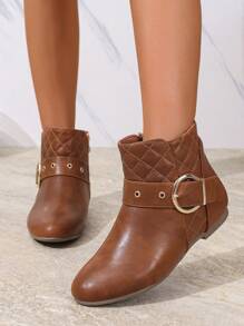 优雅百搭通勤新款秋冬时尚舒适女靴，棕色菱形缝线，不对称条纹扣铆钉侧拉链平底圆头