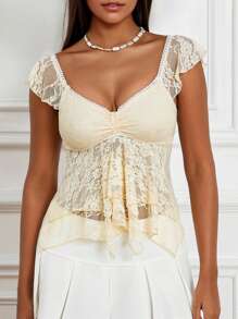 Women Summer Crop Tanks Flying Sleeve V Neck Lace Double Layered Lotus Edge Tops - Yellow - View 4