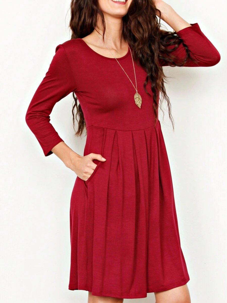 Boho Retro Rayon Cool Soft Summer Cuff Short Sleeve Crew Neck T Shirt Mini Dress Tunic With Pockets - 紅色 - 查看 1