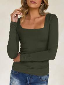 Vaiaye Women's Spring/Summer Y2K Square Neck Long Sleeve Fitted T-Shirt, Solid Color Sexy Top, Suitable For Valentine's Day - Olive Green - View 6
