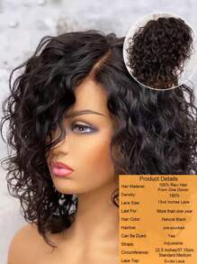 180% 密度短卷发人发假发 适合女孩 4x4 蕾丝闭合短波波头假发 带自然发际线 自然黑色侧分卷发假发 巴西处女雷米头发 预拔漂白结
