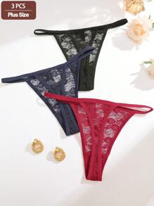 3pcs Plus Size Women's Sexy Lace Design Lingerie Set, Comfortable Solid Color Panties, Valentine's Day Theme - Multicolor - View 2
