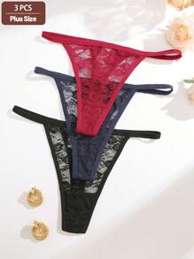3pcs Plus Size Women's Sexy Lace Design Lingerie Set, Comfortable Solid Color Panties, Valentine's Day Theme - Multicolor - View 5