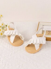 Cute Infant Girls Lace Trim Flat Sandals & Slippers, Summer - White - View 4