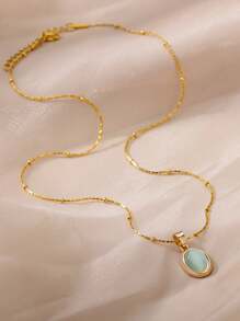 1 件椭圆形蛋白石吊坠项链女士精致粉色、蓝色、绿色天然宝石吊坠 18K 镀金不锈钢可调节项链女士珠宝时尚配饰 - 金黃色 - 查看 8