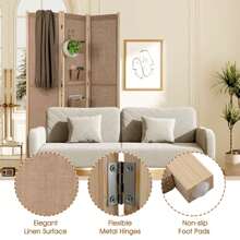 3-Panel Faux Linen Room Divider Folding Privacy Screen-Natural - Khaki - View 2