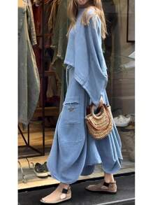 Womens 2 Piece Fall Outfits Oversized Batwing Long Sleeve Pullover Tops Lounge Irregular Maxi Skirt Sets With Pockets - 藍色 - 查看 4