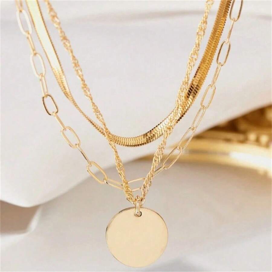 女士三层金属亮片吊坠项链，简约极简锁骨链，散发奢华气息