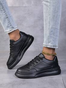 Sneakers casual nere con lacci da donna, con punta rotonda, traspiranti, basso, con lacci e senza lacci, versatili, leggere, stile campus, scarpe sportive alla moda
