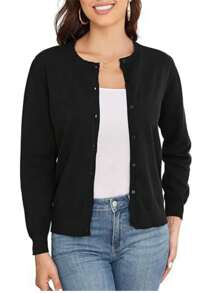 KAHULE Classic Soft Ladies Cardigan Sweater Coat Women's Crew Neck Button Down Long Sleeve Cardigan