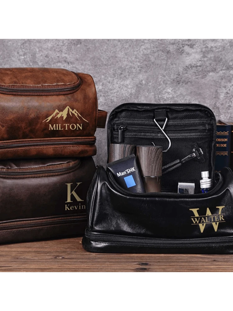 Beauty Case Uomo Elegante In Pelle PU E Tela - Organizer Da Viaggio Con Doppia Cerniera, 25x14x12 Cm, Blu