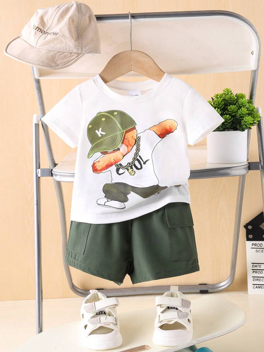 2 件装男婴休闲卡通熊印花圆领 T 恤和工装短裤套装，夏季运动装 - 白色 - 查看 1