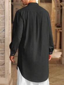 Runcati Men's Kaftan Thobe Cotton Linen Henley Shirt Long Sleeve Robe Casual Muslim Kurta Gown - màu đen - Xem 3