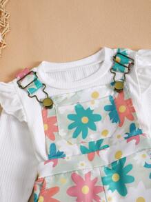 Baby Girl White Top + Colorful Floral Print Overalls Shorts Set, Cute Casual Outdoor Sports Outfit