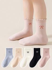 3 Pairs Random Mixed Color Girl Kids Socks With Lace Bow Decor, Versatile Girls Baby Crew Socks Suitable For Daily Wear All Seasons - Multicolor - View 2