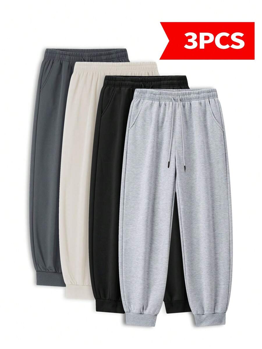 3-Pack Simple Solid Color Outdoor Exercise Pants, Men's Four-Season Running Fitness Pants With Cuffs, Waist Drawstring Adjustment, Men's Versatile Casual Pants, Men's Loose Trousers - 黑色+淺灰色+淺灰色 - 查看 1