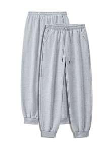 3-Pack Simple Solid Color Outdoor Exercise Pants, Men's Four-Season Running Fitness Pants With Cuffs, Waist Drawstring Adjustment, Men's Versatile Casual Pants, Men's Loose Trousers - 黑色+淺灰色+淺灰色 - 查看 7