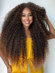 28 英寸女士超长假发，小卷波浪蜜棕色和黑色合成假发，耐热，蓬松浓密，适合日常使用、婚礼和派对