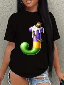 Mardi Gras Alphabet J Print Shirt, Mardi Gras Clothing, Mardi Gras T-Shirt Unisex- Vibrant Feather Mask Design, Women's T-Shirt With Creative Easter Print, Breathable Soft Casual Round Neck Short Sleeves, Mardi Gras Shirt Disco Ball Bow Gift For Mardi Gras Carnival New Orleans Shirt For Fat Tuesday Gift - màu đen - Xem 1