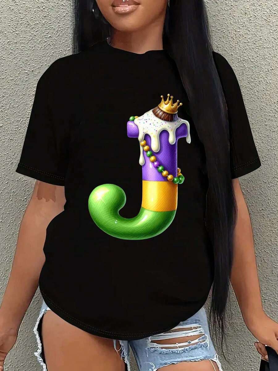 Mardi Gras Alphabet J Print Shirt, Mardi Gras Clothing, Mardi Gras T-Shirt Unisex- Vibrant Feather Mask Design, Women's T-Shirt With Creative Easter Print, Breathable Soft Casual Round Neck Short Sleeves, Mardi Gras Shirt Disco Ball Bow Gift For Mardi Gras Carnival New Orleans Shirt For Fat Tuesday Gift - màu đen - Xem 1