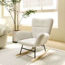 Rocking Chairs For Adults, Teddy Fabric Nursery Rocking Chair Relaxing Recliner Chair Boucle Rocking Chair With Solid Wood Legs High Back Lounge Chairs For Balcony Living Room Bedroom
