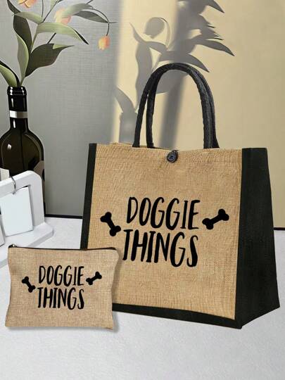 Dog Supplies Letter Print Handbag Set, Gift For Dog Owners And Pet Lovers, Includes Handbag, Cosmetic Bag And Mini Coin Purse, Featuring Favorite Dog Bone Design, Great Gift