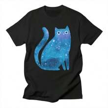 Sports Style New Trendy Cosmic Cat Round-Neck High-Quality Cotton T-Shirt. High-Quality Cotton, A Round-Neck Top For Summer. Pure Cotton, "Cosmic Cat" Printed. Ideal As A Birthday, Holiday Or Valentine's Day Gift. - Black - View 1