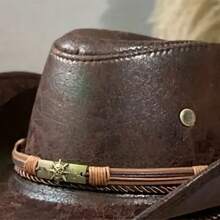 Mens PU Leather Western Hats Solic Color Retro Cowboy Hat With Chin Strap For Spring Fall - Brown - View 4