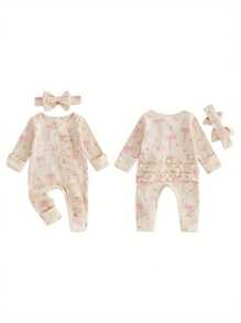 Baby Girl Spring Fall Winter Clothes Newborn Baby Girl Hospital Going Home Outfit Ribbed Footed Romper Bow Print Long Sleeve Full Length Ruffle Zipper Footie Jumpsuit Headband - Màu be - Xem 3