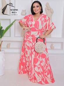 Plus Size V-Neck Long Short Sleeve Dress - Pinki Estam. - View 1