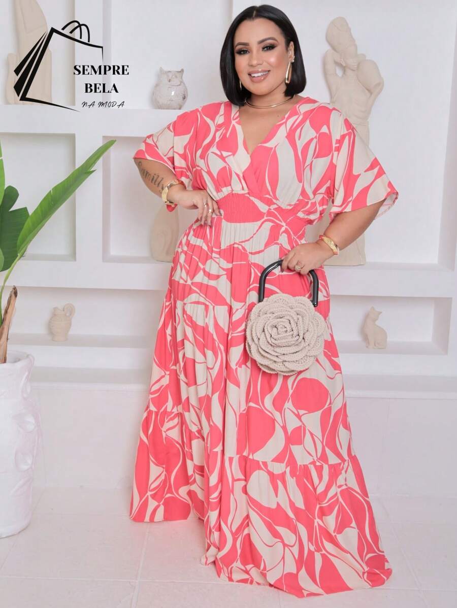 Plus Size V-Neck Long Short Sleeve Dress - Pinki Estam. - View 1