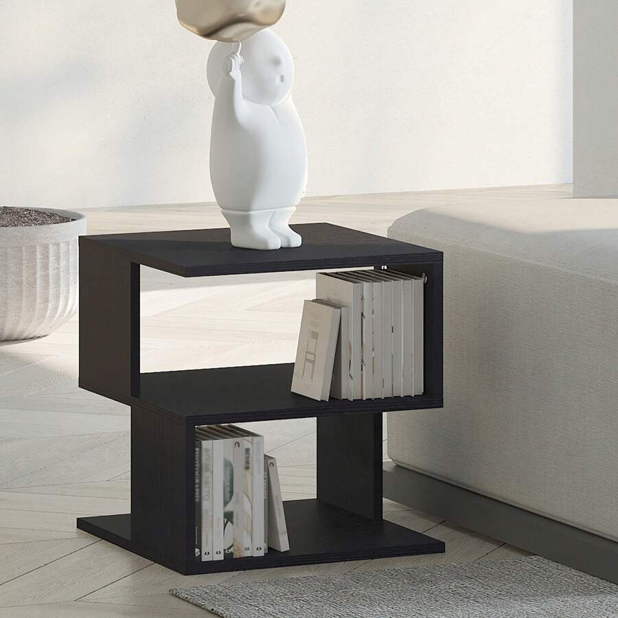 HOMCOM Side Table Square Coffee Table Modern End Table With 2 Tier Storage Shelves For Living Room, Bedroom, Black - Black - View 1